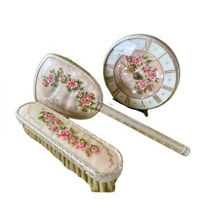 1950s Floral Vanity Set England | 2 Brushes & Table Clock